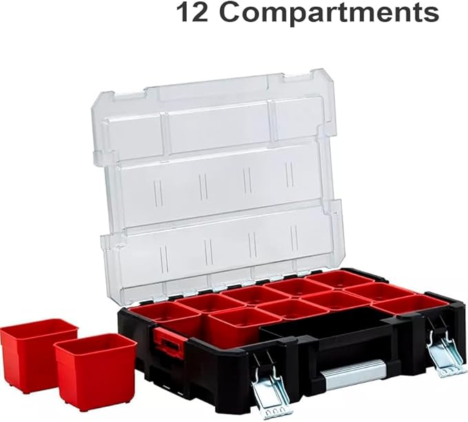 Deep Tray Organizer Box – Heavy-Duty Tool Storage Case with 15 Removable Cups – Hardware, Plumbing, Electrical Connector Container for Garage, Jobsite, or Workshop