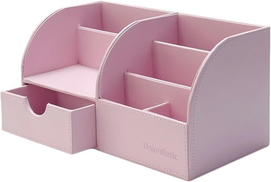 UnionBasic Desk Organizer - Multifunctional Leather Desktop Pen Holder Storage Box - Business Card/Pen/Pencil/Mobile Phone/Stationery Holder, Orchid Pink