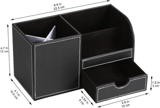 KINGFOM Desk Organizer Office Supplies Caddy Pu Leather Multi-function Storage Box Pen/Pencil,Cell phone, Business Name Cards Remote Control Holder with Small Drawer Black