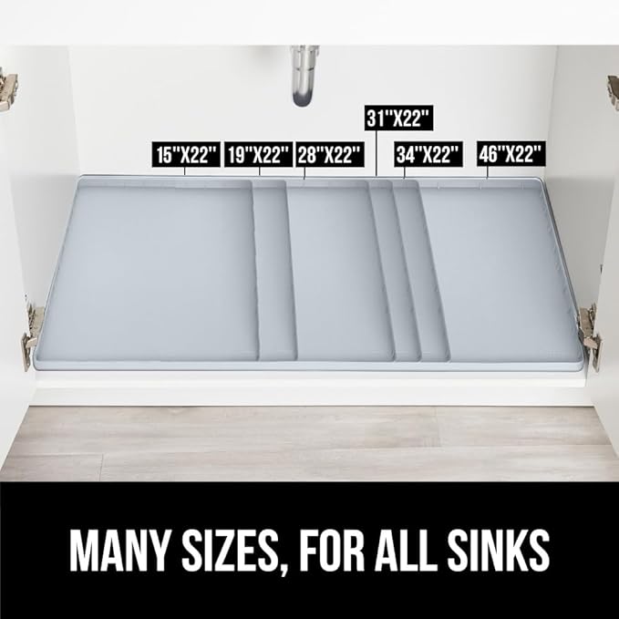 GORILLA GRIP Waterproof Silicone Under Sink Mat with Raised Lip for Kitchen and Bathroom, 31 x 22 in, Cabinet Shelf Liner Stay in Place Mats Dishwasher Safe Drawer Liner, Organizer Tray, Light Grey