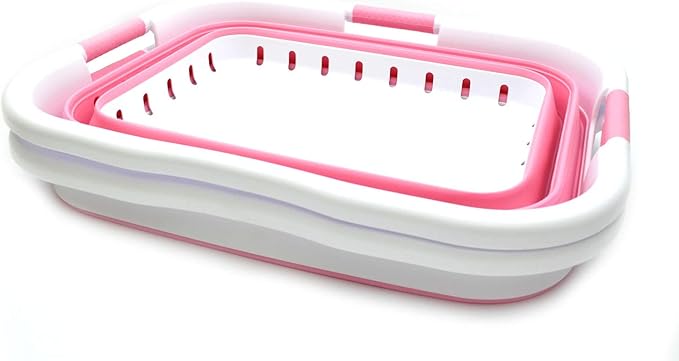 SAMMART 41L (10.8 gallon) Set of 2 Collapsible 3 Handled Plastic Laundry Basket -Foldable Pop Up Storage Container/Organizer-Space Saving Hamper/Basket (2, White/Pink)