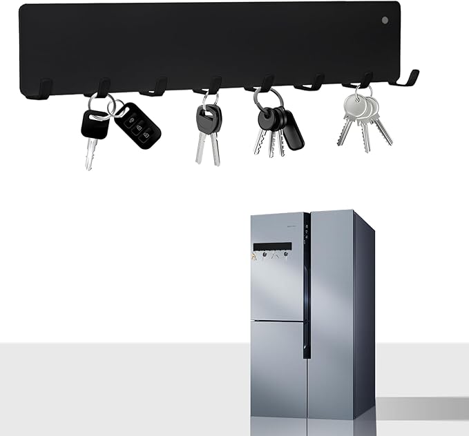 Magnetic Key Holder for Frideg,Heavy Duty Strong Magnetic Key Hanger with 8 Hooks for Refrigerator,Magnetic Kitchen Utensil Holder for Metal Surface in Entryway,Garage,Pantry (Black)