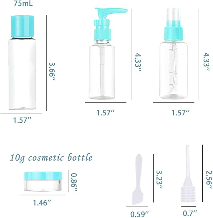 Vitog Travel Bottles Kit, TSA Approved Leak Proof Portable Toiletry Containers Set, Clear flight size PET Cosmetic Containers for Lotion, Shampoo, Cream, Soap, Set of 11 (Blue+Plastic)