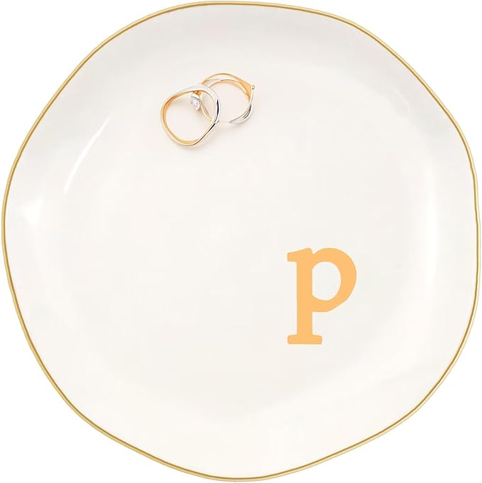 Ceramic Jewelry Dish with Personalized Monogram, White Decorative Ring Trinket Tray, Engagement Wedding Gift for Women Mom Friend, Letter p