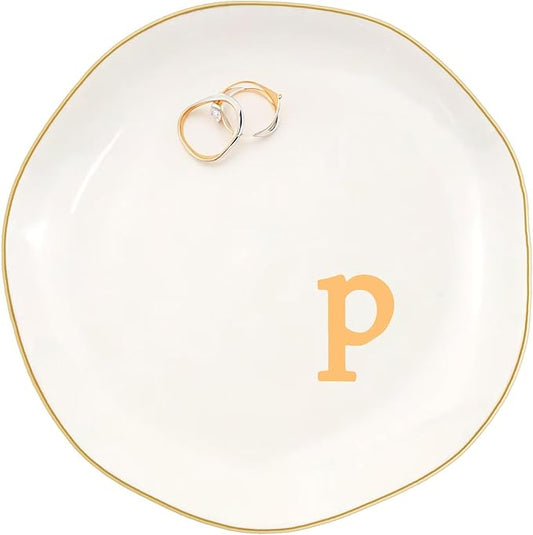 Ceramic Jewelry Dish with Personalized Monogram, White Decorative Ring Trinket Tray, Engagement Wedding Gift for Women Mom Friend, Letter p