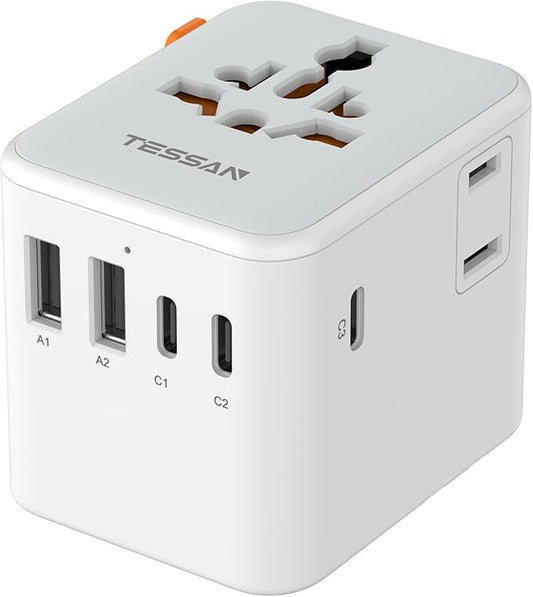 TESSAN Universal Travel Adapter, International Power Adapter with Extra 2-Prong AC Outlet, 5 USB Ports (3 USB C), 28W Worldwide Plug Adapter for US to Europe UK Australia Ireland (Type C G A I)