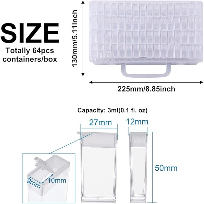 FASHEWELRY 64 Grids Small Diamond Painting Storage Containers 2x1 Inch Clear Flip Top Seed Bead Organizer Boxes with Label Stickers for Diamond Dots, Pony Beads, Nail Glitters