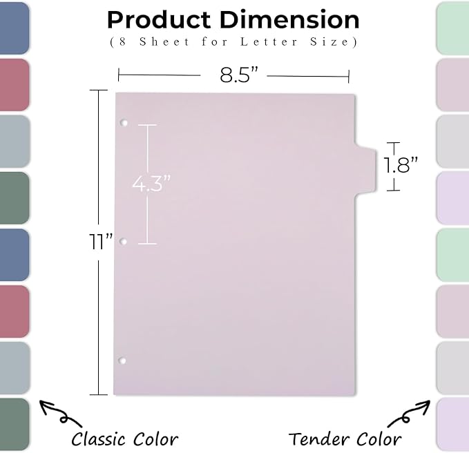 Y YOMA Colored 3 Ring Binder Dividers with Tabs Letter Size Paper Binder Tabs Page Dividers Cute Decorative Binder Index Dividers for Office School Home with 1/8-Cut Tabs, Classic Color(8 Sheet)