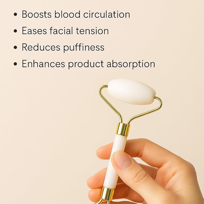 Gua Sha Facial Tool and Jade Roller Set –Anti-Aging Tools for Lymphatic Drainage, Puffiness, Wrinkles, and Relaxation – Skincare Tool for Face and Neck (White)