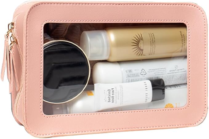 Clear Makeup Bag, Pink Travel Makeup Pouch Toiletry Bag for Women Waterproof Small Cosmetic Bag Case Small Make Up Bag with Zipper Car Organizer Car Essentials for Women Men