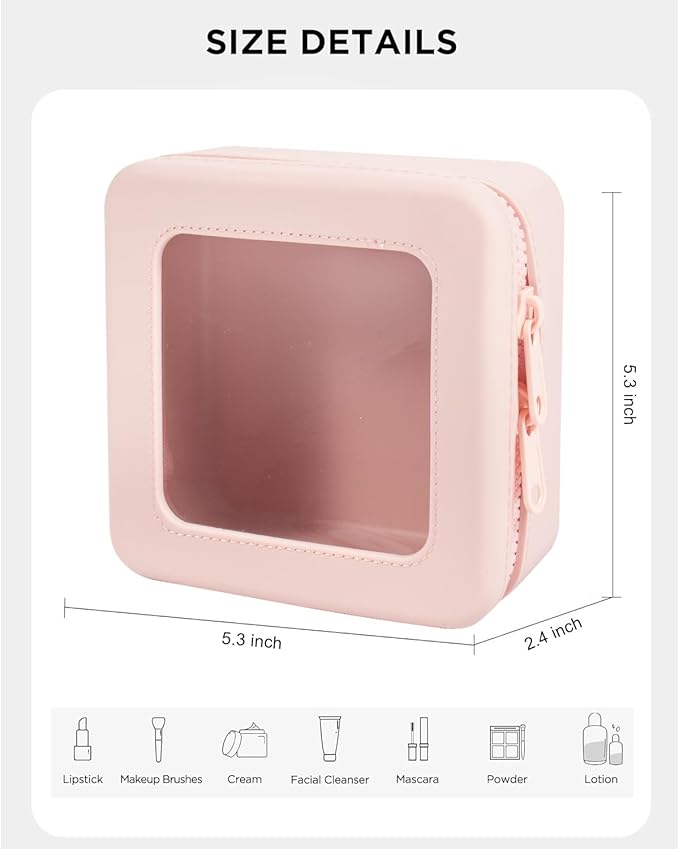 Small Clear Makeup Bag for Women, Mini Silicone Travel Cosmetic Case Waterproof Clear Make Up Pouch Purse with Zipper Cute Toiletry Bags for Traveling Car Organizer Mini Travel Essentials (Pink)