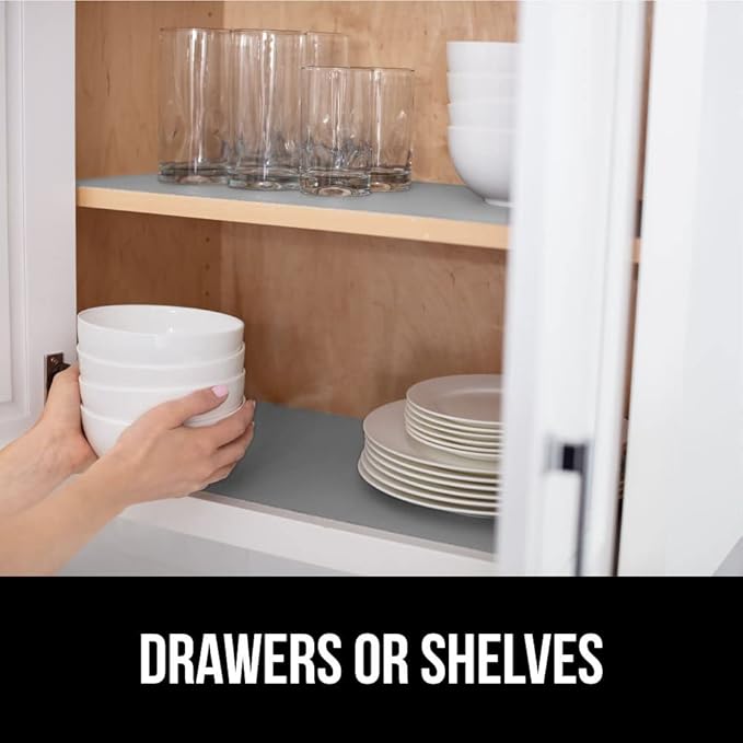 GORILLA GRIP DripGuard Shelf Liner, Non-Adhesive Drawer and Kitchen Cabinet Protector, Strong Grip Slip Resistant Underside, Smooth Surface Liners for Cabinets, Bathroom Closets 17.5x240 In Light Gray
