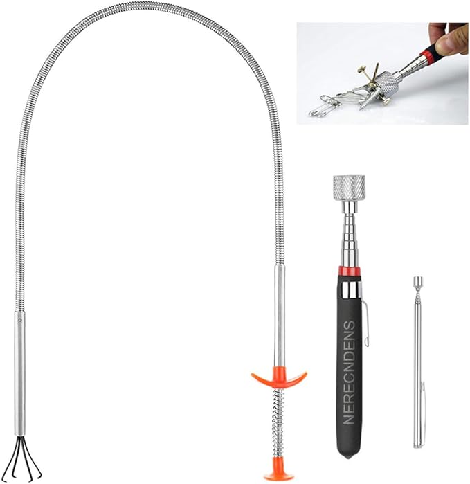 3 Pack Pick-up Tool Set - Extendable Magnetic Pick Up Tools and Flexible Grabber Claw - Retrieving Telescoping Magnet Pickup Tools - Flexible Extra Long Reach Bendable Curve Grabber with 4 Claws