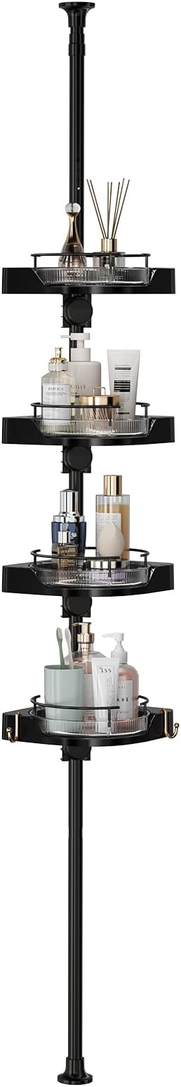 360° Rotating Shower Caddy Tension Pole, 4 Tiers Corner Shower Organizer for Bathroom Shelf Bathtub, Adjustable Standing Shower Rack Bathroom Accessories, Easily Assemble, 34-124 Inch Height, Black