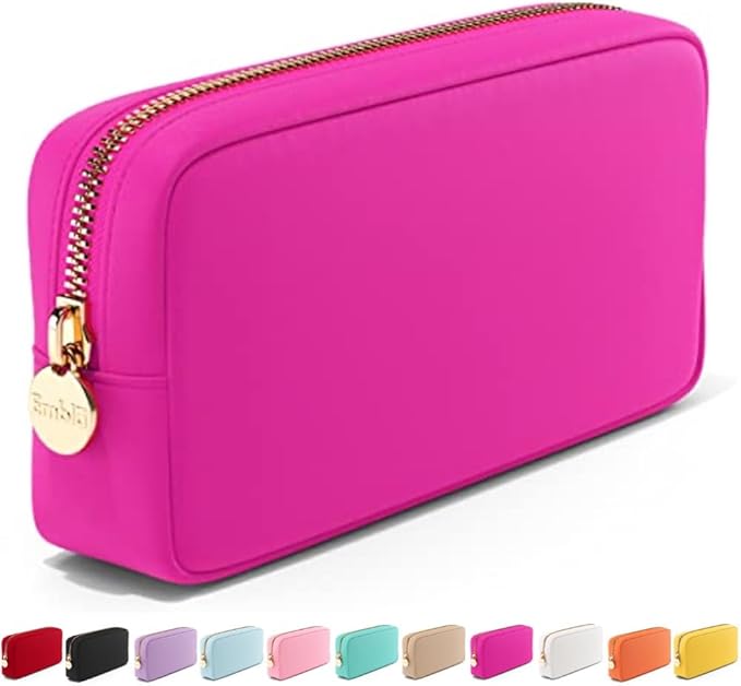 Embla Makeup Bag Travel Cosmetics Pouch and Toiletry Bag, Nylon Zipper Pouch Purse, Cute Make Up Organizer Storage Tote for Women Girls, Waterproof Travel Skincare Case, Small Makeup Bags, Fuchsia