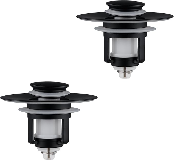 ADKADI Universal 2 in 1Bathroom Sink Stopper, 2 Pack Pop Up Bathroom Sink Drain Strainer for 1.06"-1.65" Basin Drain Holes, Anti Clogging Drain Filter (Matte Black(s)-2p)