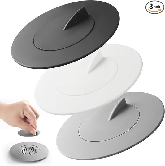 Bathtub Stopper,3pcs 2-in-1 Bathtub Drain Hair Catcher,Silicone Kitchen Bathroom Shower Water Strainer Protectors,Universal Flat Suction Shower Drain Cover,Washbasin Drain Stopper (GreyWhiteBlack)