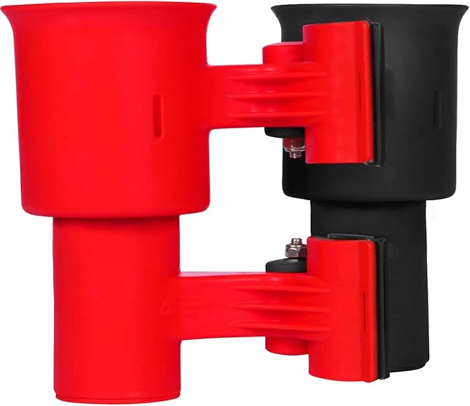 ROBOCUP, (Red & Black), Patented Clamp On Boat Cup Holder | Multifunction Dual Drink Caddy for Fishing Poles, Tools, Net, Gaff | Portable Storage for Boating, Beach, Umbrellas, Golf Carts, Strollers