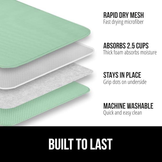 GORILLA GRIP Ultra Water Absorbent Microfiber Dish Drying Mat, 18x32, Quick Dry Thick Mesh, Slip Resistant Pad for Sink Dishes or Under Rack, Kitchen Counter Accessories, Machine Wash Mats, Mint