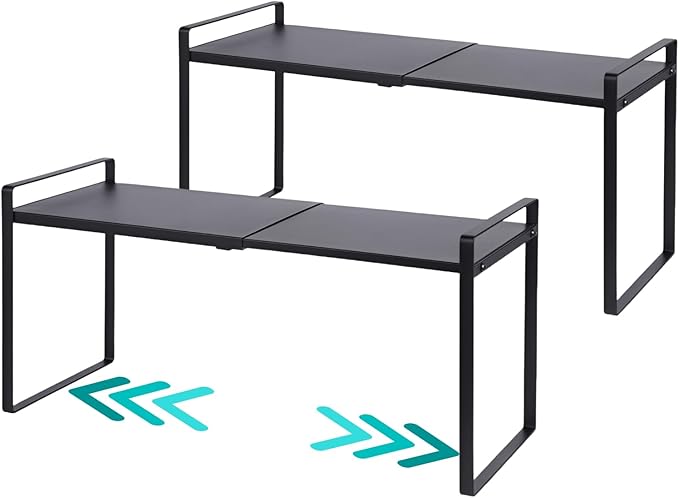 LJHFUQHUHU 2 Pack Expandable Cabinet Shelf Organizer Riser for Kitchen Pantry Cupboard Under Sink Countertop (2 Pack 8.2’’D * 12.2-21.6’’W * 10.4’’H) (Black)