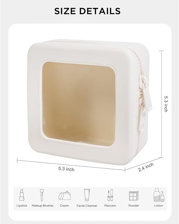 Small Clear Makeup Bag for Women, Mini Silicone Pouch Travel Cosmetic Case Waterproof Clear Make Up Pouch with Zipper Cute Toiletry Bags for Traveling Car Organizer Mini Travel Essentials (Beige)