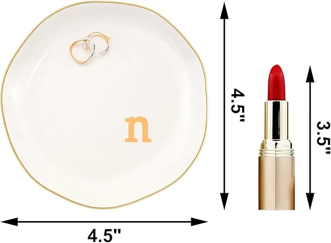 Ceramic Jewelry Dish with Personalized Monogram, White Decorative Ring Trinket Tray, Engagement Wedding Gift for Women Mom Friend, Letter n
