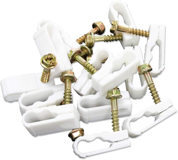 STEREN Coaxial Cable Clips - Cable Holder - Wire Clips - Siding Clips for Hanging - Cord Holder for Desk - Cable Clamps - Cord Clip - Wire Organizer Clips - TV Mount Screws - White - 10 Pack