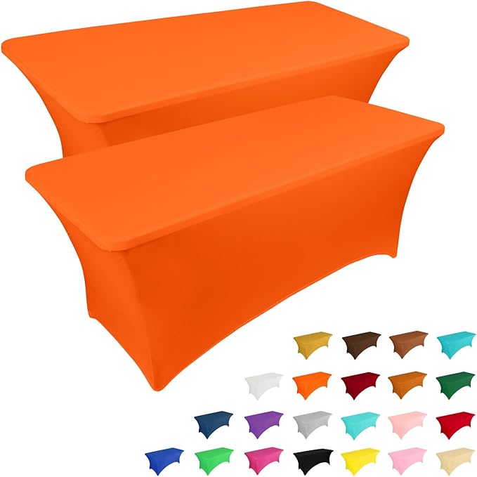 IVAPUPU 2 Pack 4FT Table Cloth for Rectangular Fitted Events Stretch Orange Table Covers Washable Cover Spandex Tablecloth Protector for Party, Wedding, Cocktail, Banquet, Festival