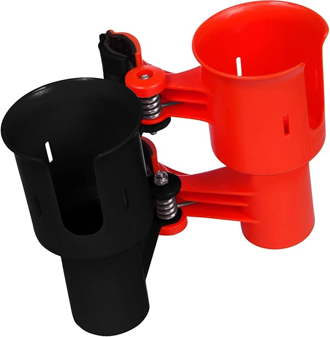 ROBOCUP, (Red & Black), Patented Clamp On Boat Cup Holder | Multifunction Dual Drink Caddy for Fishing Poles, Tools, Net, Gaff | Portable Storage for Boating, Beach, Umbrellas, Golf Carts, Strollers