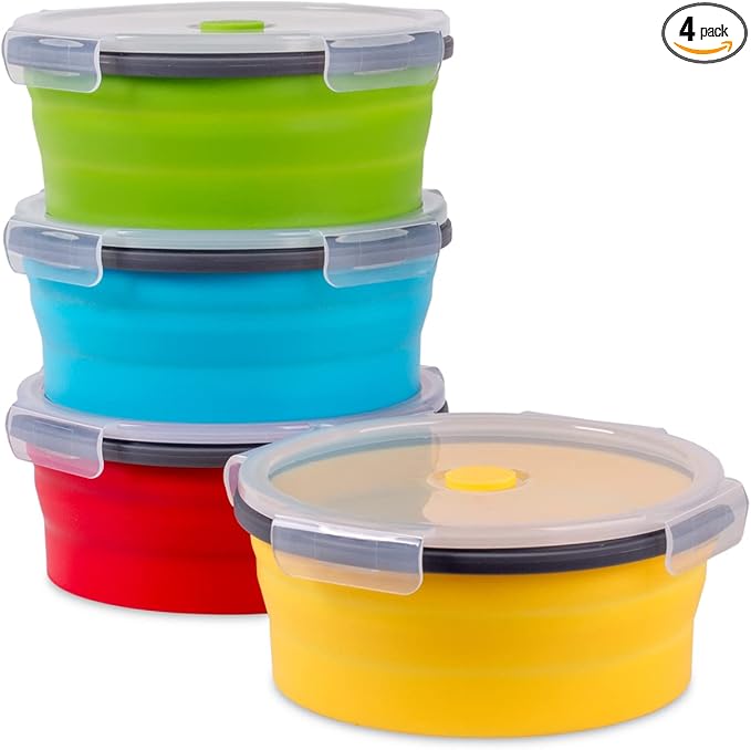 Collapsible Food Storage Containers with Airtight Lid, 40.5 oz, Kitchen Stacking Silicone Collapsible Meal Prep Container Set for Leftovers, Microwave, Freezer, Dishwasher Safe, 4 Colors Round, Set of 4