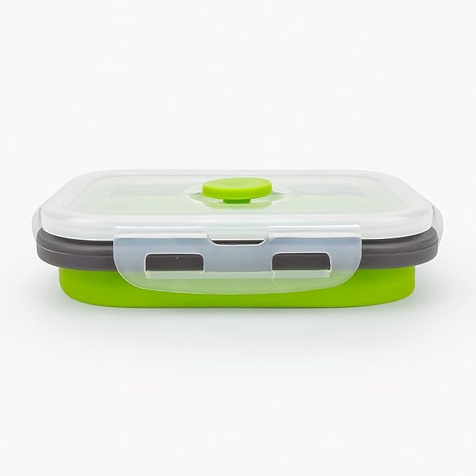 CCyanzi 3-Piece Collapsible Food Storage Containers with Lids, Silicone Lunch Container, Microwave & Freezer Safe, Space Saving for Kitchen Cabinet and Camping Backpack (Green Gray)