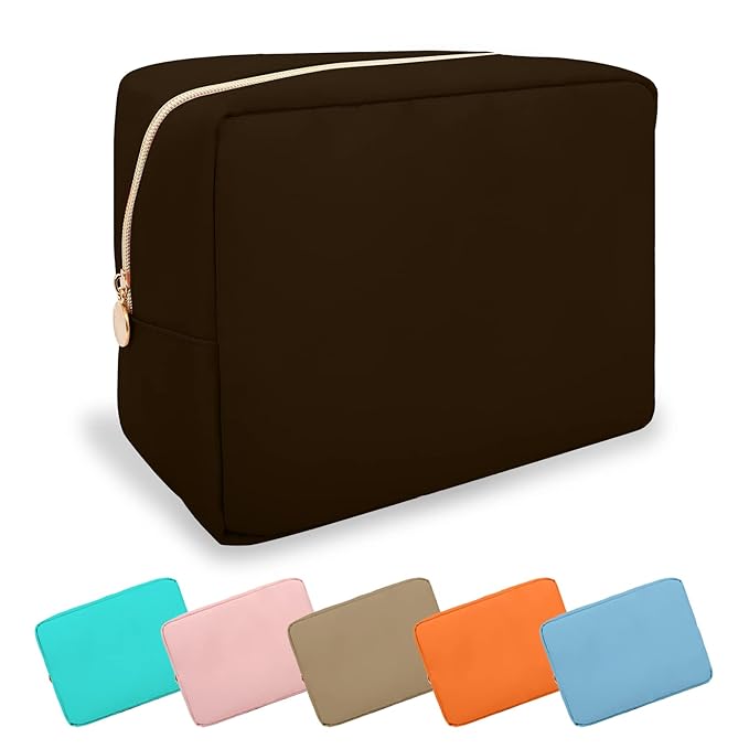 Large Makeup Bag Pouch, Nylon Women Travel Toiletry Storage Bag, Preppy Cosmetic Bag for Girls, Big Makeup Organizer Bag, Cute Zipper Pouch Skincare Bag for Sport Work Gift (Large-Chocolate)
