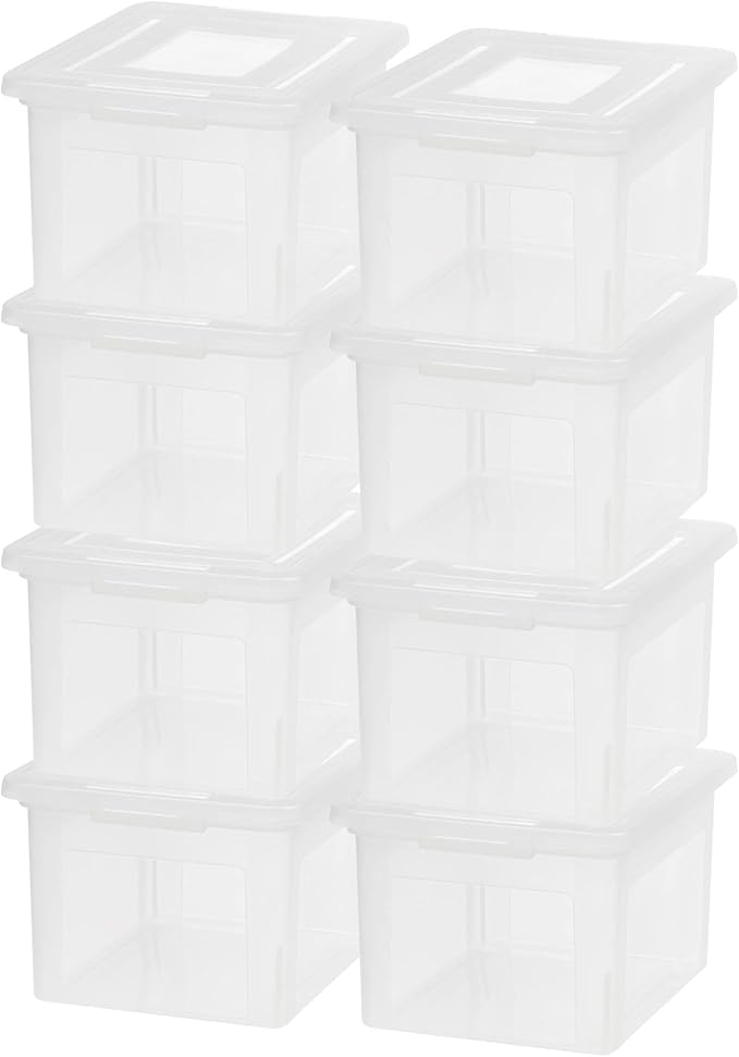 IRIS USA 8 Pack Plastic File Box with Lid for Letter/Legal Files, 35 Quart Stackable Clear Organizer Bin, Built-in File Ledge, Durable & Portable
