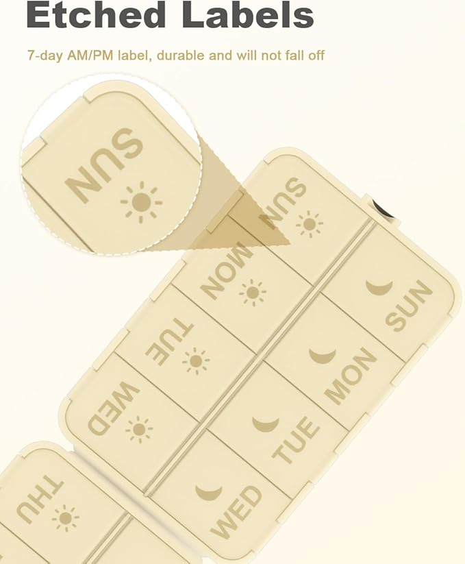 Pill Organizer Medicine Organizer Travel Essentials - Weekly Medicine Dispenser with Etched Labels, 7 Day AM PM Dispenser, Travel Pill Box, Foldable Medicine Case