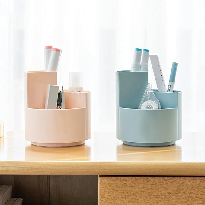 Rotating Pen Holder 3 Compartments, School Supplies Organizer for Pen, Colored Pencil, Art Brushes, Desktop Storage Box in Classroom & Art Studio, Gift for Teachers, Classmates, and Friends ,Pink