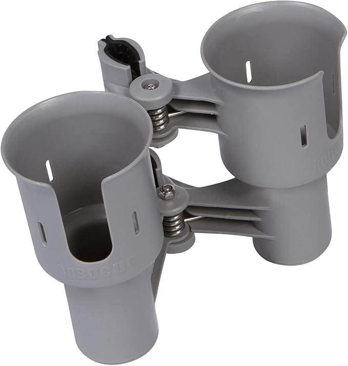 ROBOCUP, (Gray), Patented Clamp On Boat Cup Holder |Multifunction Dual Drink Caddy for Fishing Poles, Tools, Net, Gaff |Portable Storage for Boating, Beach, Umbrellas, Golf Carts, Strollers