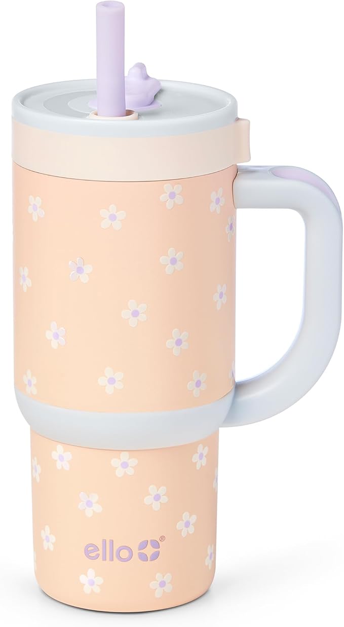 Ello Oasis 14oz Stainless Steel Toddler Tumbler with Handle & Retracting Straw, 100% Leakproof, Double-Wall Vacuum Insulated, Kids Water Bottle for School, BPA Free, Dishwasher Safe, Orange Daisies