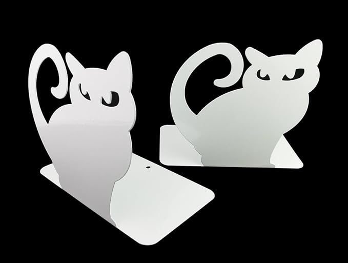 Winterworm Cute Vivid Lovely Persian Cat Nonskid Thickening Iron Metal Bookends Book Organizer for Library School Office Home Study Desk Organizer (White)
