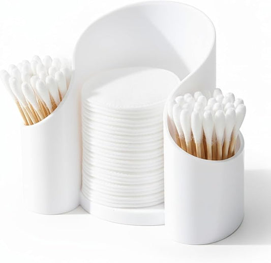 Qtip Holder & Cotton Pad Holder – White Open Bathroom Organizer for Vanity Accessories, Small Countertop Storage Box, Cotton Round Dispenser for Modern Decor