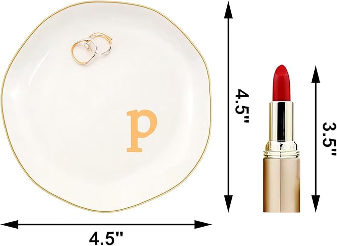 Ceramic Jewelry Dish with Personalized Monogram, White Decorative Ring Trinket Tray, Engagement Wedding Gift for Women Mom Friend, Letter p