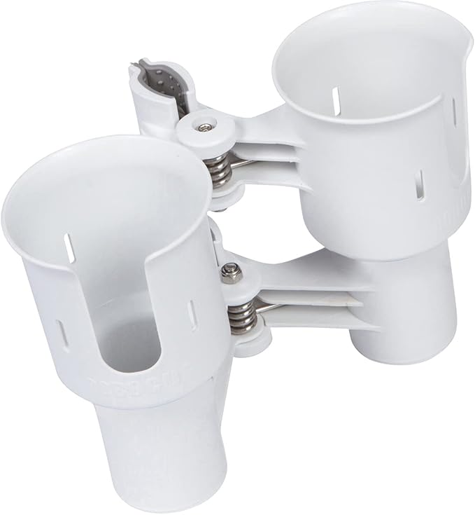 ROBOCUP, (White), Patented Clamp On Boat Cup Holder |Multifunction Dual Drink Caddy for Fishing Poles, Tools, Net, Gaff |Portable Storage for Boating, Beach, Umbrellas, Golf Carts, Strollers