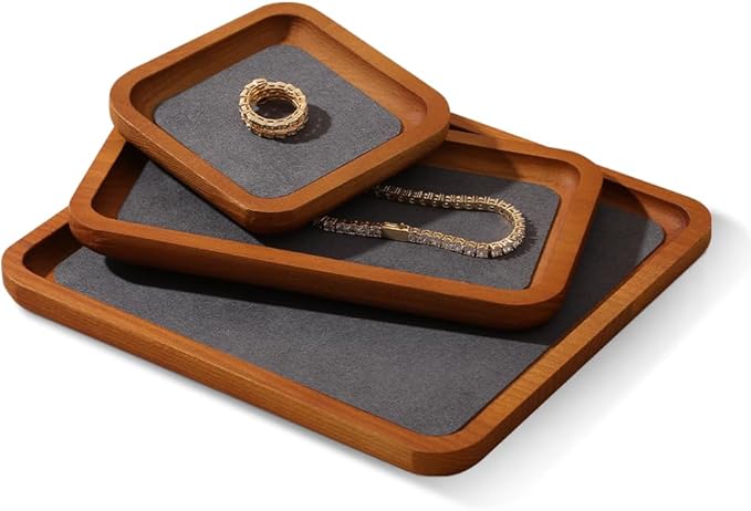 Wooden Jewelry Display Tray Rounded Rectangle Ring Showcase Stackable Elegant Bracelet Watch Jewelry Organizer for Personal Use and Commerce (Gray, Large-W 7'' x H 0.6'' x L 7.9'')