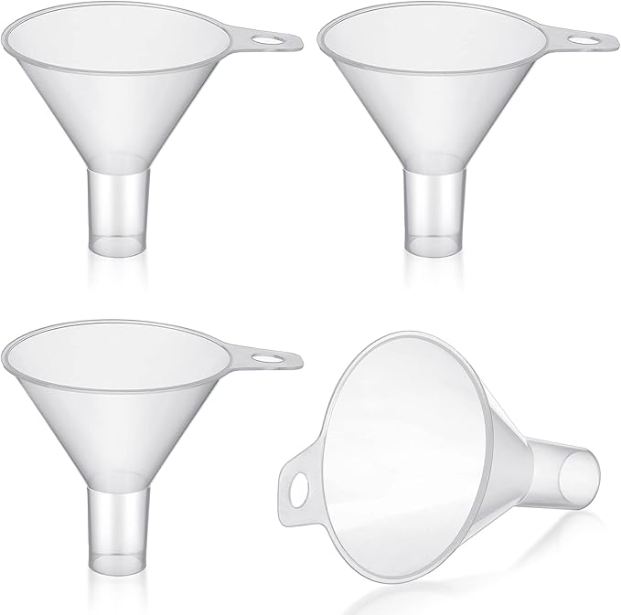 4 Packs Small Plastic Funnel for Filling Small Bottles 2.56 Inch Clear Wide Mouth Plastic Funnel for Filling Water Powder Essential Oils Perfumes Kitchen Bath Garage Use