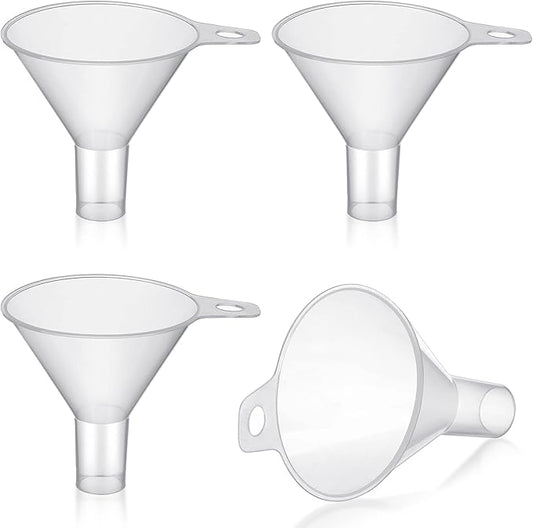 4 Packs Small Plastic Funnel for Filling Small Bottles 2.56 Inch Clear Wide Mouth Plastic Funnel for Filling Water Powder Essential Oils Perfumes Kitchen Bath Garage Use