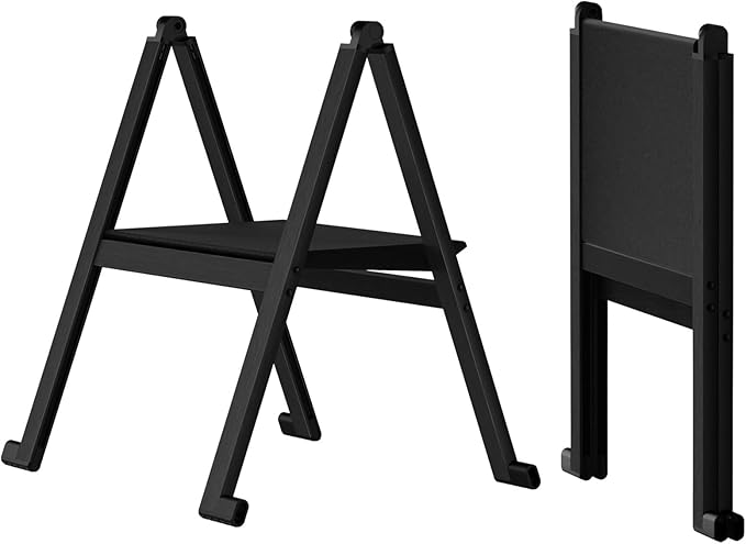 Folding Step Stool,Aluminum Ultra Thin Stool,400 Lbs Capacity Heavy Duty with Anti-Slip Sturdy and Wide Pedal,Closet Step Ladder for Home,Kitchen,Office and Dorm Bed (Black)