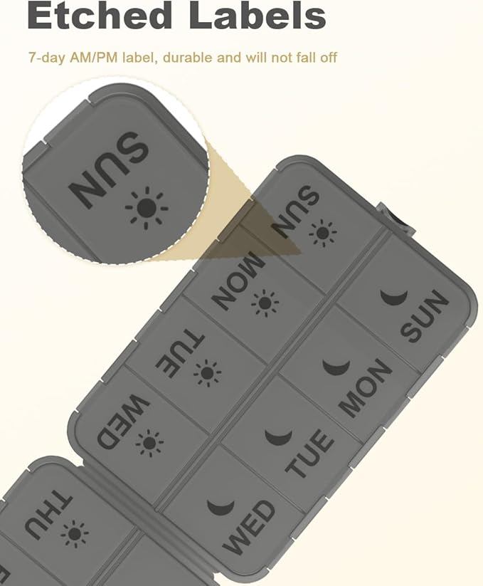Pill Organizer Medicine Organizer Travel Essentials - Weekly Medicine Dispenser with Etched Labels, 7 Day AM PM Dispenser, Travel Pill Box, Foldable Medicine Case