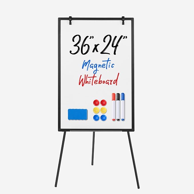 DUMOS White Board Easel 36 x 24 Inches, Magnetic White Board Dry Erase, Porbable Boards Height Adjustable, Dry Erase Board with Stand for School, Office and Home, Silver Aluminium Frame, Black