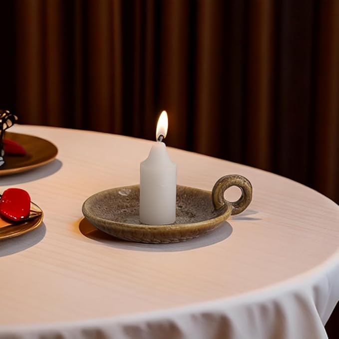 1pack Vintage Ceramic Candle Holders with Handle, Round Farmhouse Ceramic Plate Tray,Sage Holder for Burning,Incense Holder for Meditation Room Home Decor (Khaki)