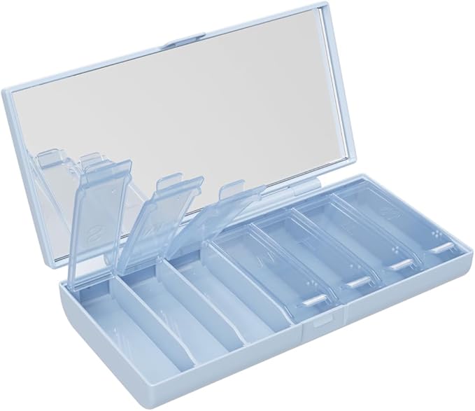 EQUADOSE Weekly Pill Case, 7-Day Medicine Organizer with Mirror, Compact Vitamin Storage Box, Pill Planner, 7 Individual Compartments for Supplements, Tablets, and Medications, Blue
