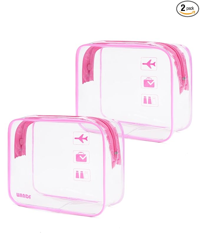 WANDF TSA Approved Toiletry Bag, 2 Packs Travel Clear Toiletry Bag, Quart Size Makeup Cosmetic Pouch with Zipper, Carry-On Airport Compliant Bag for Women and Men (2pcs Pink)